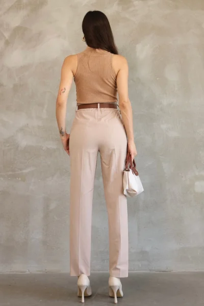 Cep Detaylı Beli Lastikli Gabardin Kumaş Pantolon 6019-Vizon