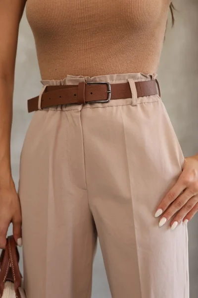 Cep Detaylı Beli Lastikli Gabardin Kumaş Pantolon 6019-Vizon