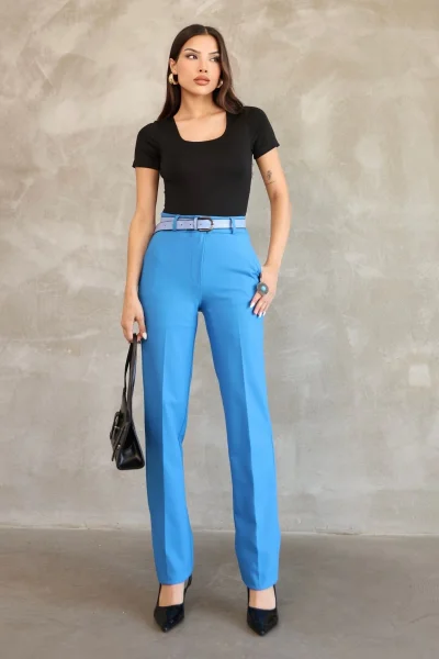 Cep Detaylı Beli Lastikli Kemerli Kumaş Pantolon 6157-İndigo