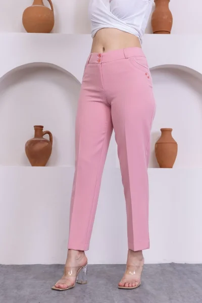 Cep Detaylı Bilek Boy Kadın Kumaş Pantolon 0101-Pudra