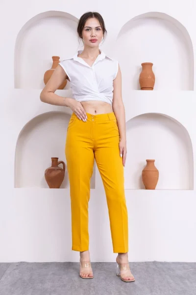 Cep Detaylı Bilek Boy Kadın Kumaş Pantolon 0101-Sarı