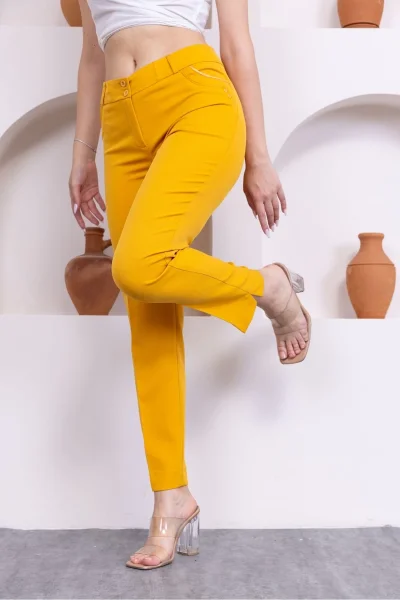 Cep Detaylı Bilek Boy Kadın Kumaş Pantolon 0101-Sarı
