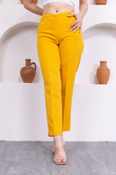 Cep Detaylı Bilek Boy Kadın Kumaş Pantolon 0101-Sarı