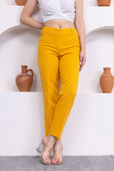 Cep Detaylı Bilek Boy Kadın Kumaş Pantolon 0101-Sarı