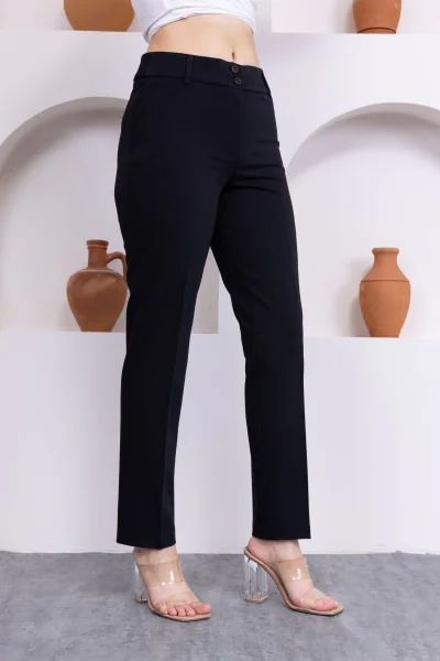 Cep Detaylı Bilek Boy Kadın Kumaş Pantolon 3144-Siyah