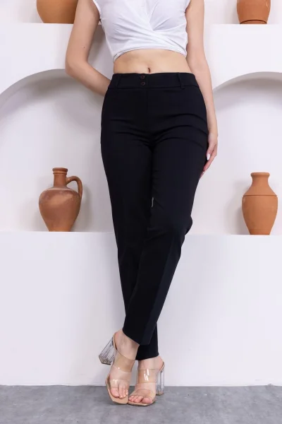 Cep Detaylı Bilek Boy Kadın Kumaş Pantolon 3144-Siyah