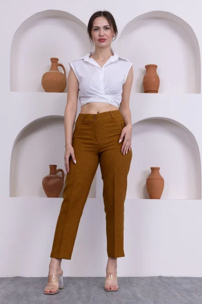 Cep Detaylı Bilek Boy Kadın Kumaş Pantolon 359-Kahverengi