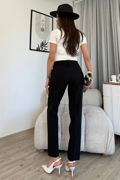 Cep Detaylı Bilek Boy Kadın Kumaş Pantolon 6011-Siyah