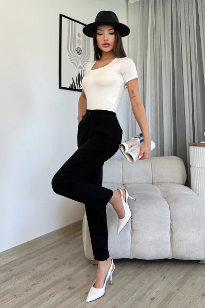 Cep Detaylı Bilek Boy Kadın Kumaş Pantolon 6011-Siyah