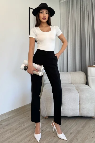 Cep Detaylı Bilek Boy Kadın Kumaş Pantolon 6011-Siyah