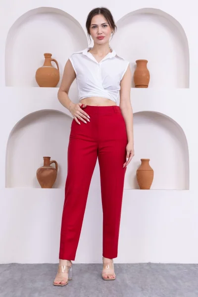 Cep Detaylı Örme Kumaş Kadın Pantolon 0040-Kırmızı