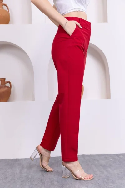Cep Detaylı Örme Kumaş Kadın Pantolon 0040-Kırmızı
