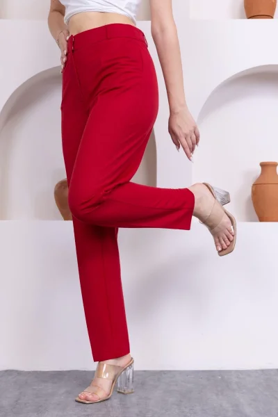 Cep Detaylı Örme Kumaş Kadın Pantolon 0040-Kırmızı