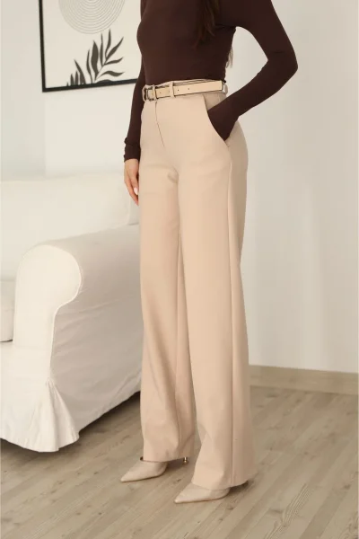 Cep Detaylı Kemerli Kumaş Pantolon 6156-Bej