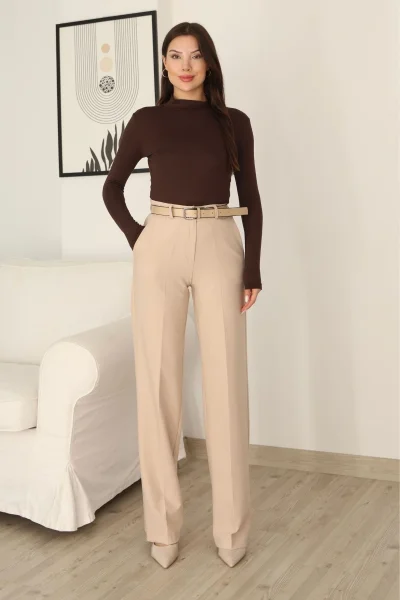 Cep Detaylı Kemerli Kumaş Pantolon 6156-Bej