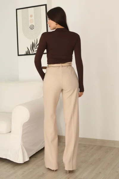Cep Detaylı Kemerli Kumaş Pantolon 6156-Bej