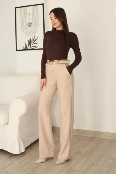 Cep Detaylı Kemerli Kumaş Pantolon 6156-Bej