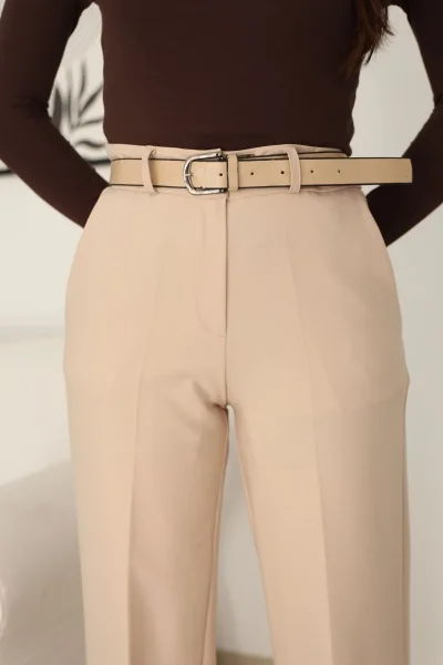 Cep Detaylı Kemerli Kumaş Pantolon 6156-Bej