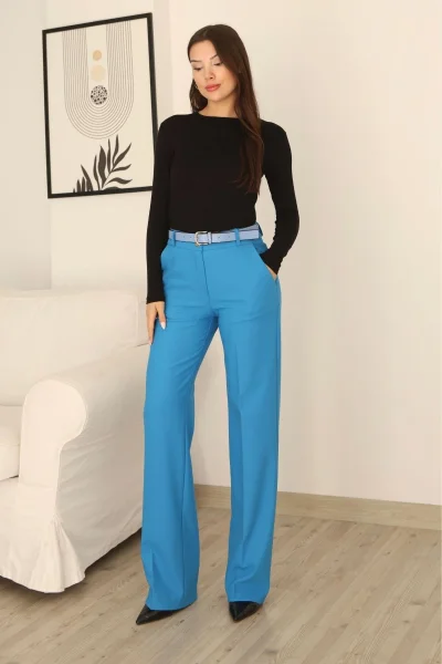 Cep Detaylı Kemerli Kumaş Pantolon 6156-İndigo