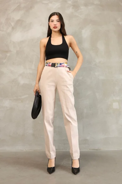 Cep Detaylı Kemerli Pamuklu Kumaş Pantolon 6174-Vizon