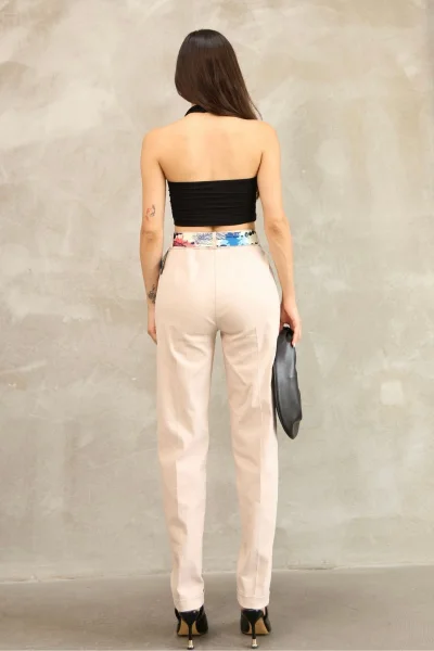 Cep Detaylı Kemerli Pamuklu Kumaş Pantolon 6174-Vizon