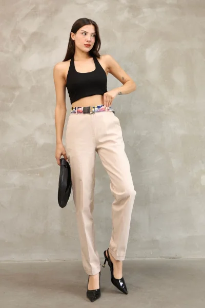 Cep Detaylı Kemerli Pamuklu Kumaş Pantolon 6174-Vizon