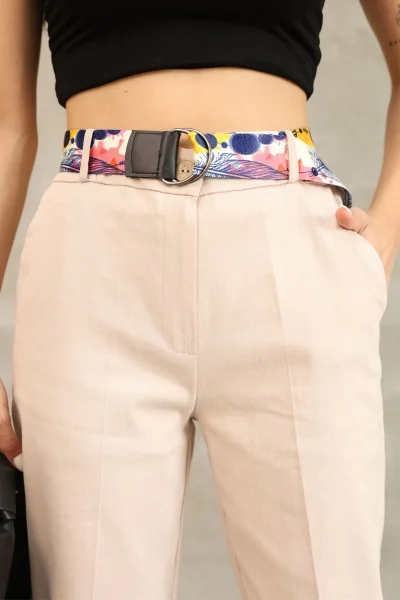 Cep Detaylı Kemerli Pamuklu Kumaş Pantolon 6174-Vizon