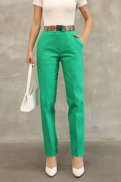 Cep Detaylı Kemerli Pamuklu Kumaş Pantolon 6174-Yeşil