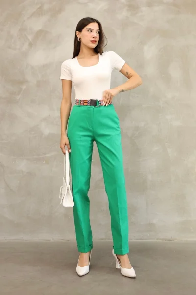 Cep Detaylı Kemerli Pamuklu Kumaş Pantolon 6174-Yeşil