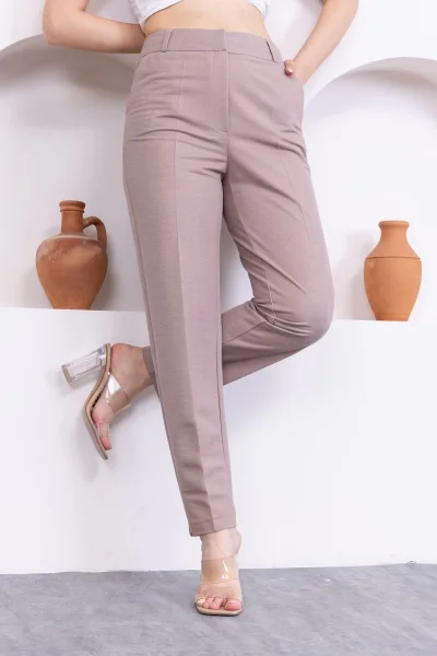 Cep Detaylı Örme Kumaş Kadın Pantolon 0040-Vizon