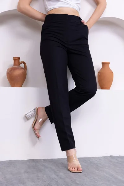 Cep Detaylı Örme Kumaş Kadın Pantolon 0040-Siyah