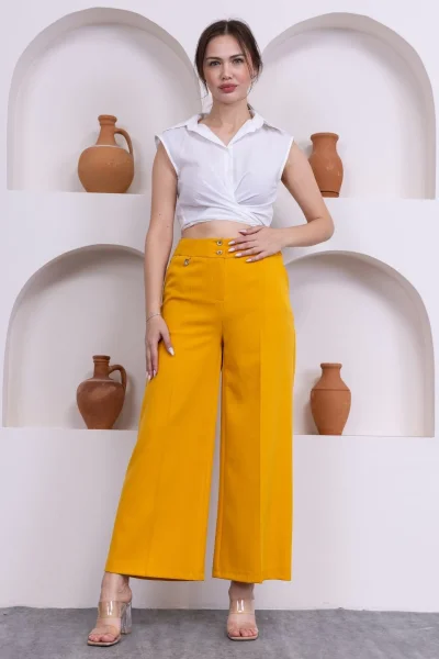 Cep Detaylı Palazzo Pantolon 301-Sarı