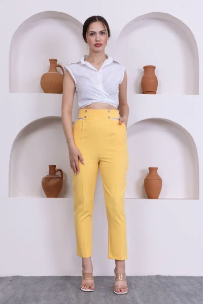 Cep Detaylı Yüksek Bel Kadın Pantolon 329-Sarı