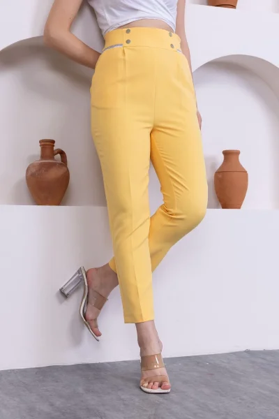 Cep Detaylı Yüksek Bel Kadın Pantolon 329-Sarı