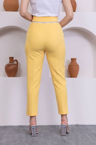 Cep Detaylı Yüksek Bel Kadın Pantolon 329-Sarı