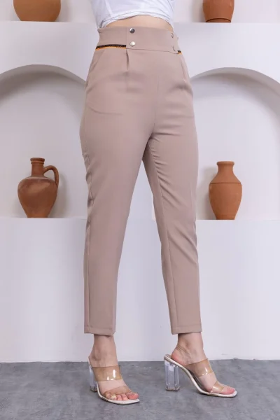 Cep Detaylı Yüksek Bel Kadın Pantolon 329-Vizon