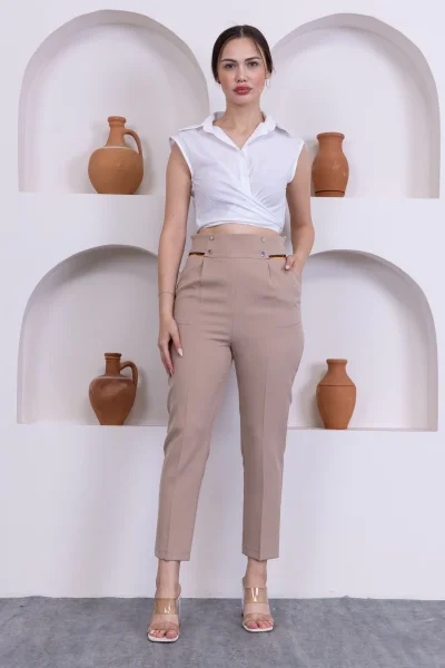 Cep Detaylı Yüksek Bel Kadın Pantolon 329-Vizon