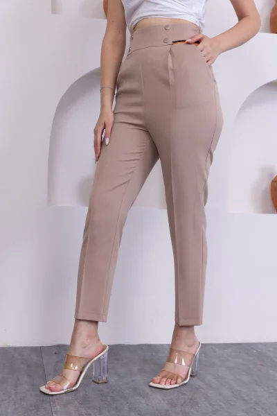 Cep Detaylı Yüksek Bel Kadın Pantolon 329-Vizon