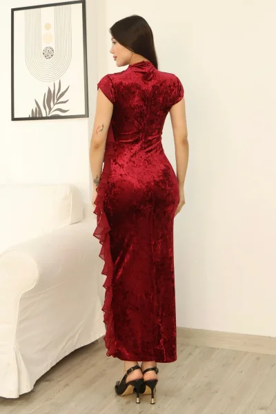 Çiçek Broşlu Fırfır Detaylı Kadife Abiye Elbise 6062-Bordo