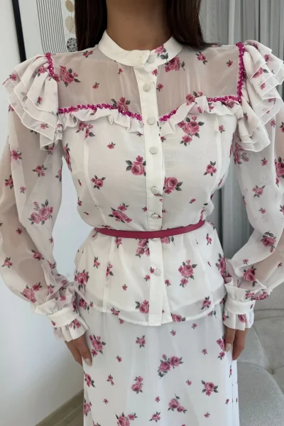 Çiçek Desenli Bluz ve Etek İkili Takım 4707-Beyaz/Fuşya