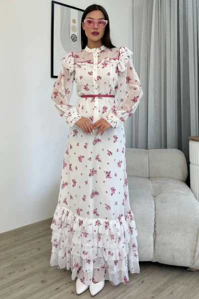 Çiçek Desenli Bluz ve Etek İkili Takım 4707-Beyaz/Fuşya