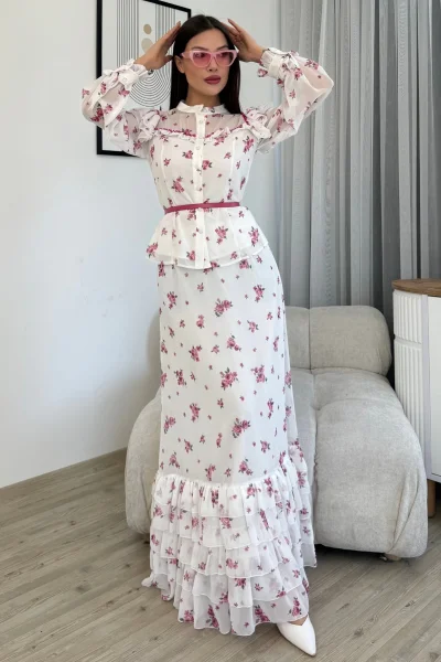 Çiçek Desenli Bluz ve Etek İkili Takım 4707-Beyaz/Fuşya