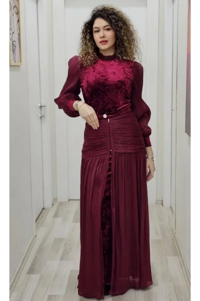 Çiçek Detaylı Çıkarılabilir Etekli Kadife Abiye 2752-Bordo