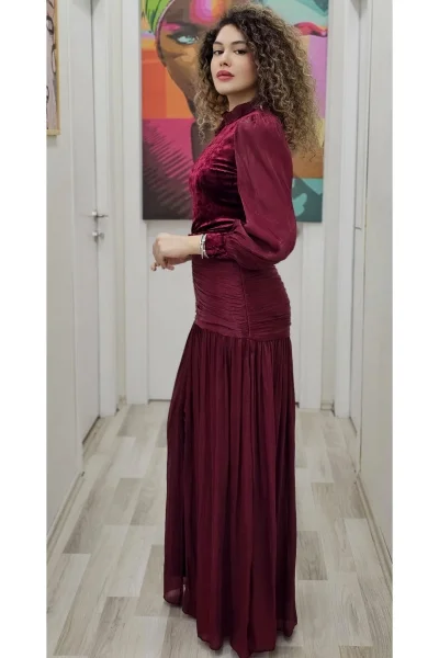 Çiçek Detaylı Çıkarılabilir Etekli Kadife Abiye 2752-Bordo
