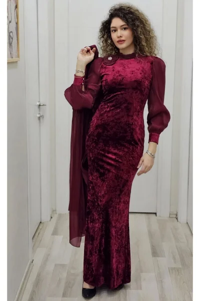 Çiçek Detaylı Çıkarılabilir Etekli Kadife Abiye 2752-Bordo