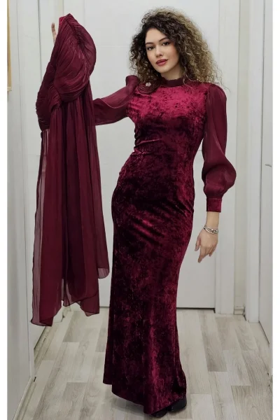 Çiçek Detaylı Çıkarılabilir Etekli Kadife Abiye 2752-Bordo