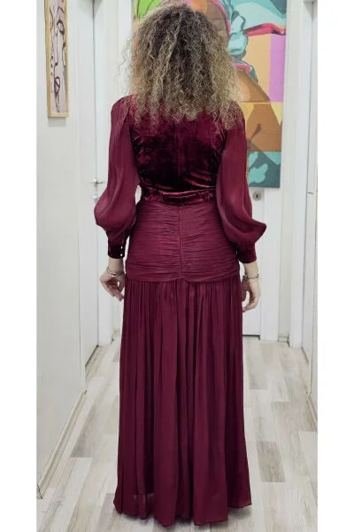 Çiçek Detaylı Çıkarılabilir Etekli Kadife Abiye 2752-Bordo