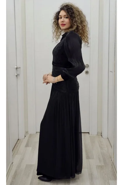 Çiçek Detaylı Çıkarılabilir Etekli Kadife Abiye 2752-Siyah