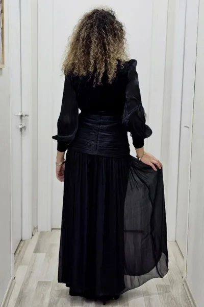 Çiçek Detaylı Çıkarılabilir Etekli Kadife Abiye 2752-Siyah