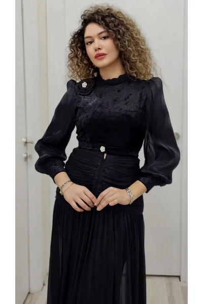 Çiçek Detaylı Çıkarılabilir Etekli Kadife Abiye 2752-Siyah